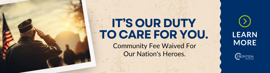 Horizontal web banner about the Frontida Assisted Living veteran discount that waives the community fee for our veterans. Link provided to learn more